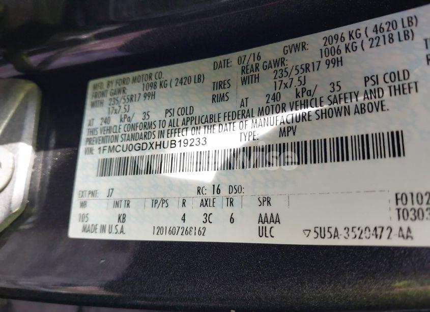 Photo 9 of 2017 Ford Escape SE (VIN 1FMCU0GDXHUB19233)