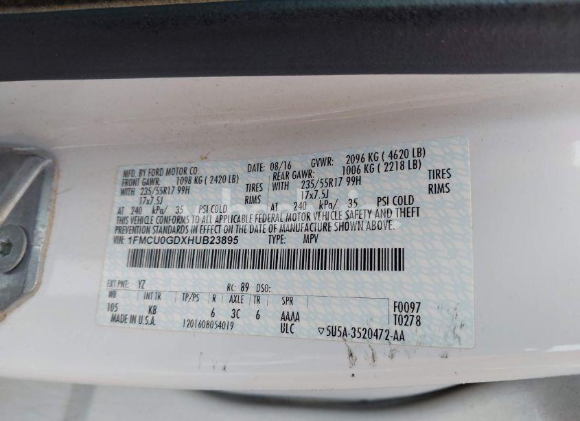 Photo 9 of 2017 Ford Escape SE (VIN 1FMCU0GDXHUB23895)