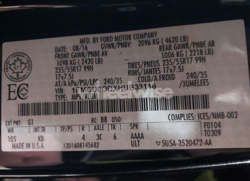 Photo 9 of 2017 Ford Escape SE (VIN 1FMCU0GDXHUB33116)