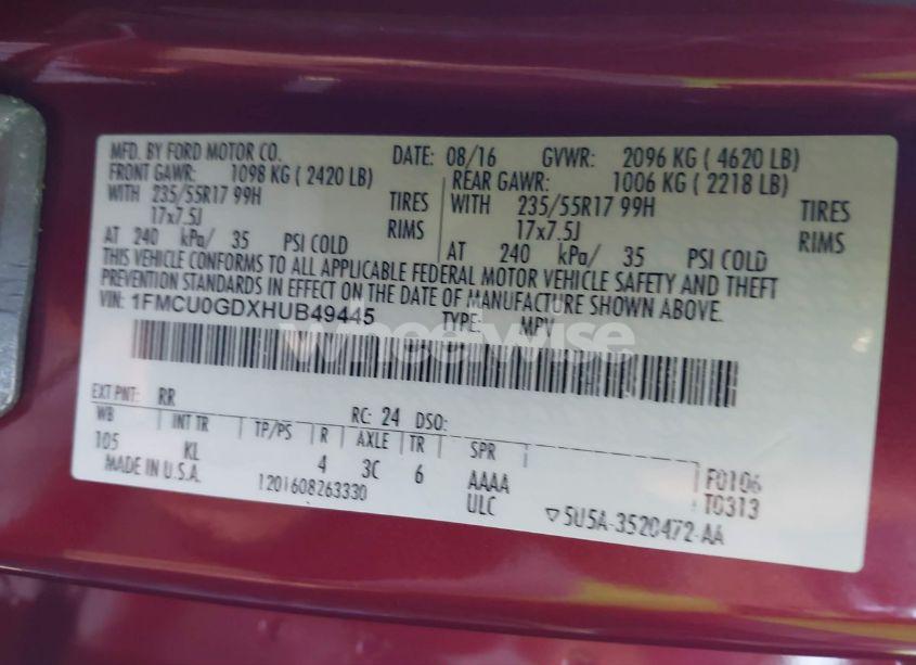 Photo 9 of 2017 Ford Escape SE (VIN 1FMCU0GDXHUB49445)