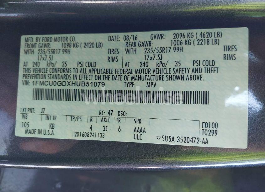 Photo 9 of 2017 Ford Escape SE (VIN 1FMCU0GDXHUB51079)