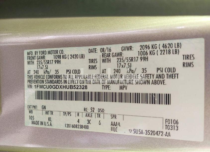 Photo 9 of 2017 Ford Escape SE (VIN 1FMCU0GDXHUB52328)