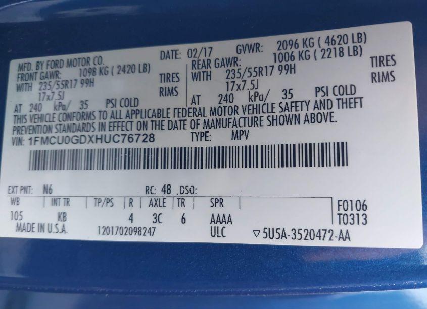 Photo 9 of 2017 Ford Escape SE (VIN 1FMCU0GDXHUC76728)