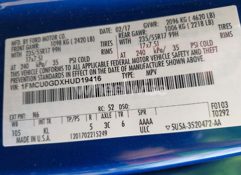 Photo 9 of 2017 Ford Escape SE (VIN 1FMCU0GDXHUD19416)