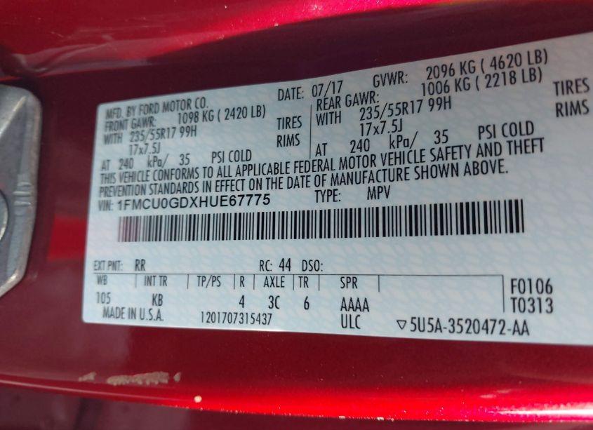 Photo 9 of 2017 Ford Escape SE (VIN 1FMCU0GDXHUE67775)