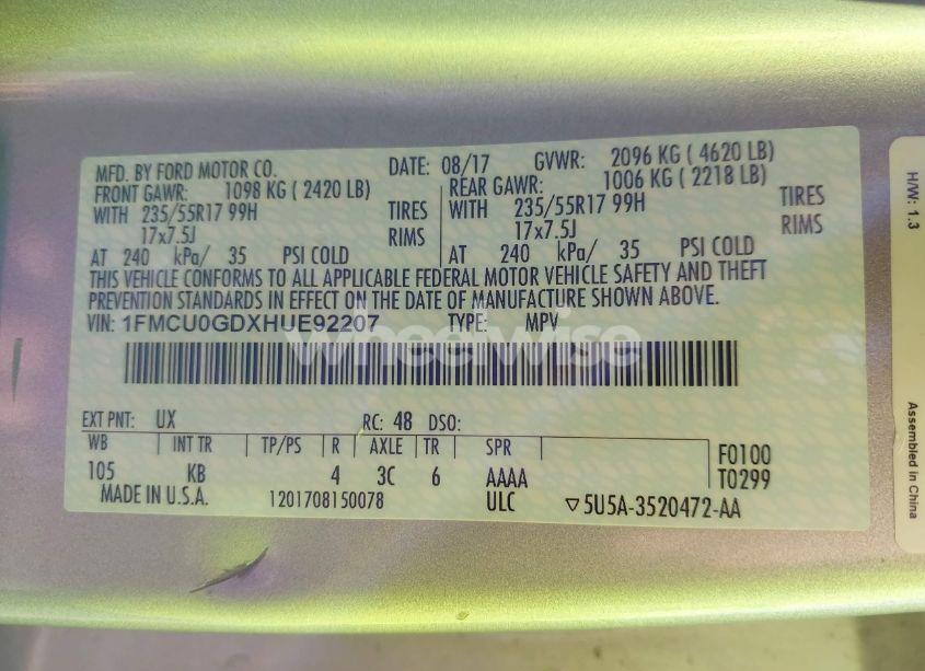 Photo 9 of 2017 Ford Escape SE (VIN 1FMCU0GDXHUE92207)