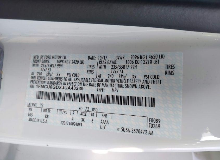 Photo 9 of 2018 Ford Escape SE (VIN 1FMCU0GDXJUA43339)