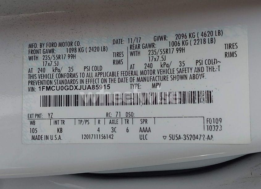 Photo 9 of 2018 Ford Escape SE (VIN 1FMCU0GDXJUA85915)