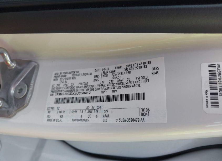 Photo 9 of 2018 Ford Escape SE (VIN 1FMCU0GDXJUC50412)