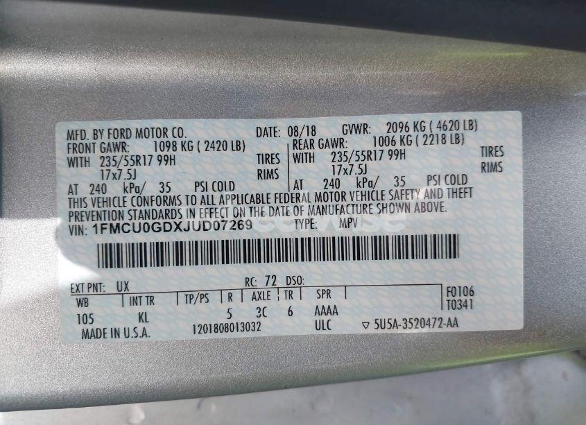 Photo 9 of 2018 Ford Escape SE (VIN 1FMCU0GDXJUD07269)