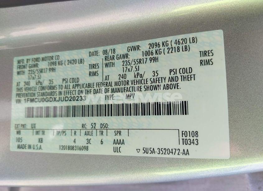 Photo 9 of 2018 Ford Escape SE (VIN 1FMCU0GDXJUD20233)