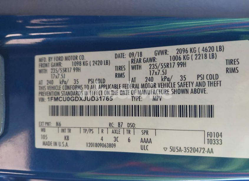 Photo 9 of 2018 Ford Escape SE (VIN 1FMCU0GDXJUD31765)