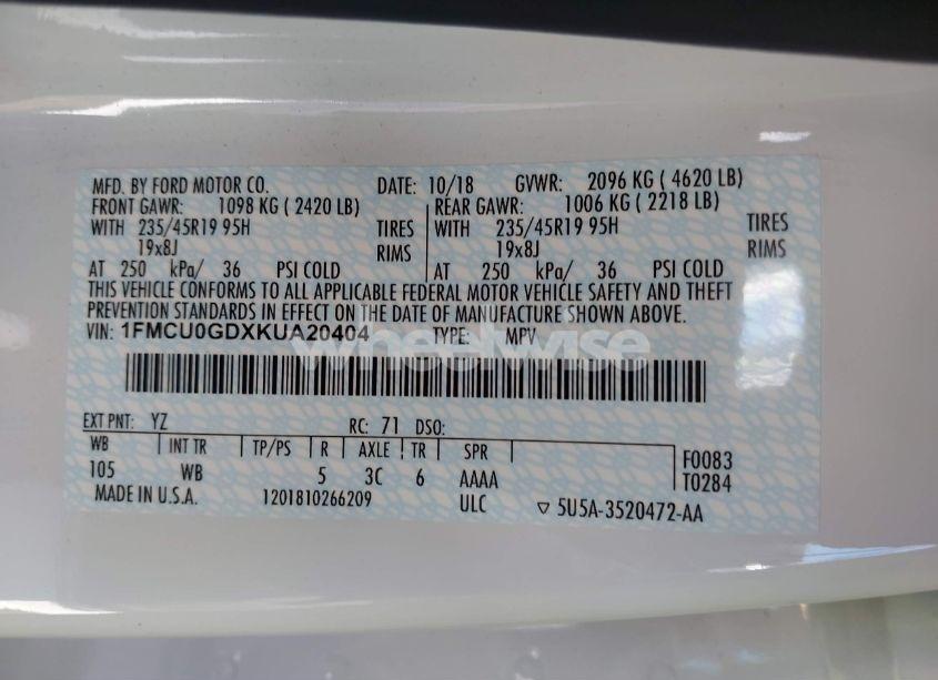 Photo 9 of 2019 Ford Escape SE (VIN 1FMCU0GDXKUA20404)