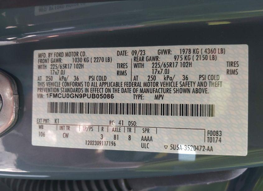 Photo 9 of 2023 Ford Escape ACTIVE (VIN 1FMCU0GN9PUB05086)