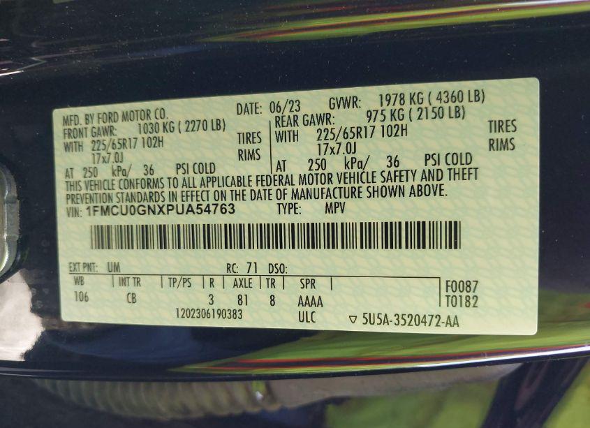 Photo 9 of 2023 Ford Escape ACTIVE (VIN 1FMCU0GNXPUA54763)