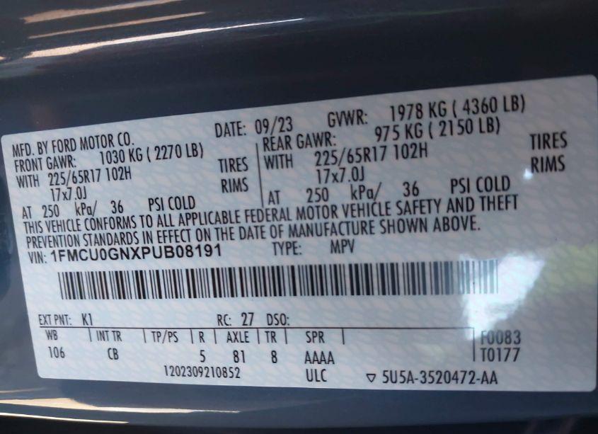 Photo 9 of 2023 Ford Escape ACTIVE (VIN 1FMCU0GNXPUB08191)