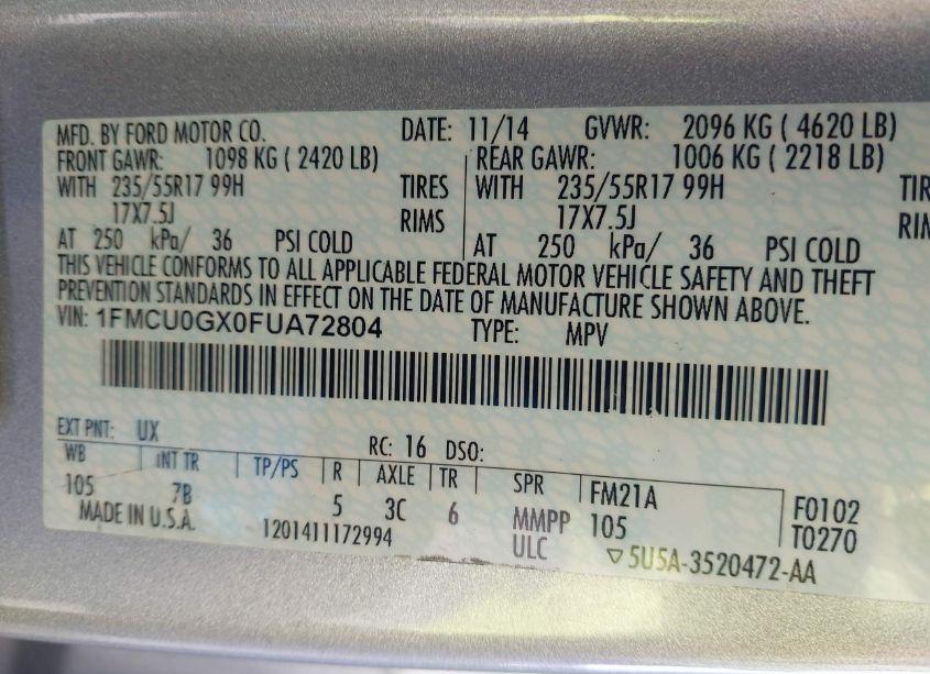 Photo 9 of 2015 Ford Escape SE (VIN 1FMCU0GX0FUA72804)