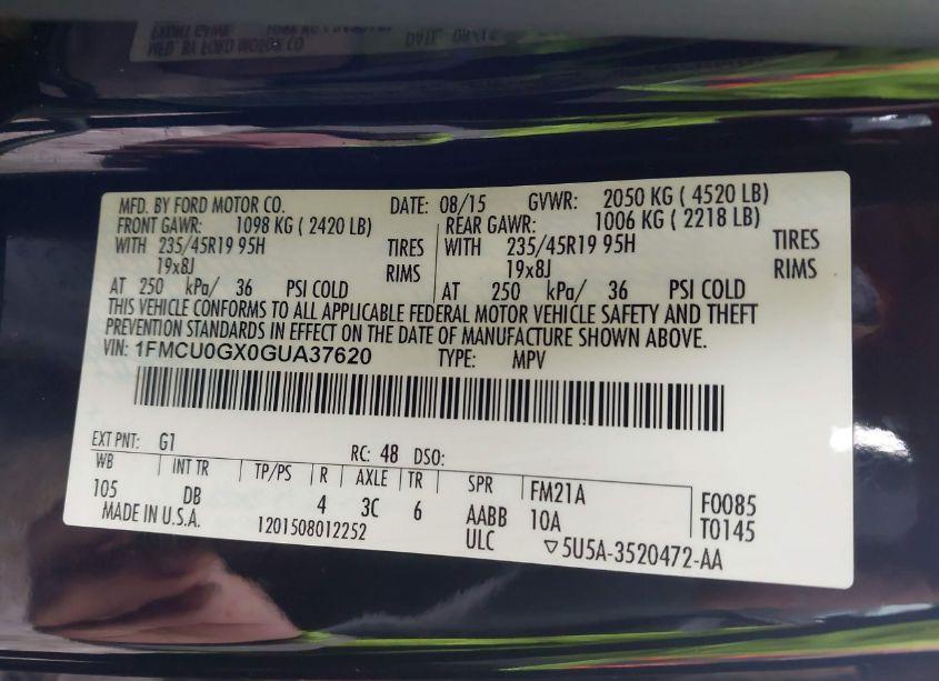 Photo 9 of 2016 Ford Escape SE (VIN 1FMCU0GX0GUA37620)