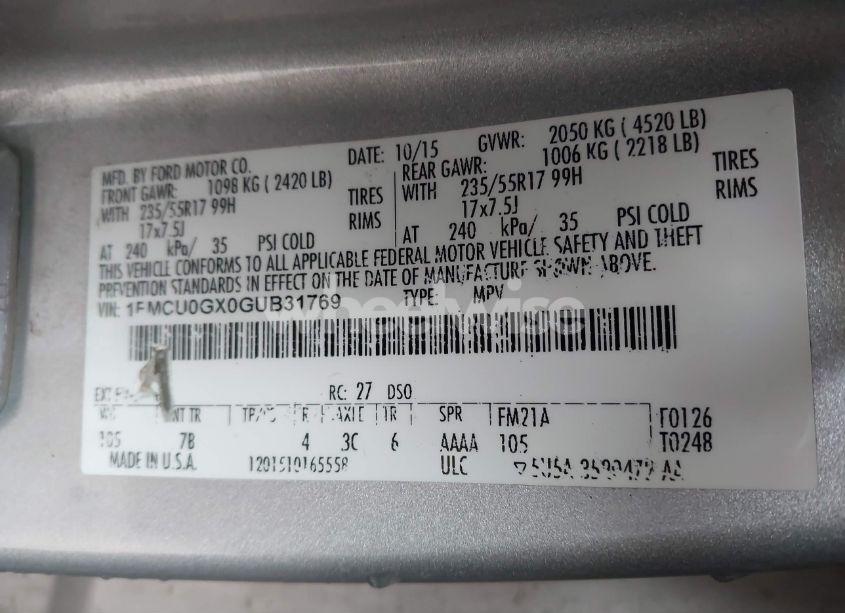 Photo 9 of 2016 Ford Escape SE (VIN 1FMCU0GX0GUB31769)