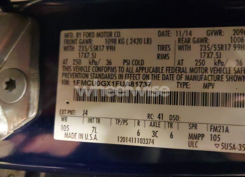 Photo 9 of 2015 Ford Escape SE (VIN 1FMCU0GX1FUA81737)