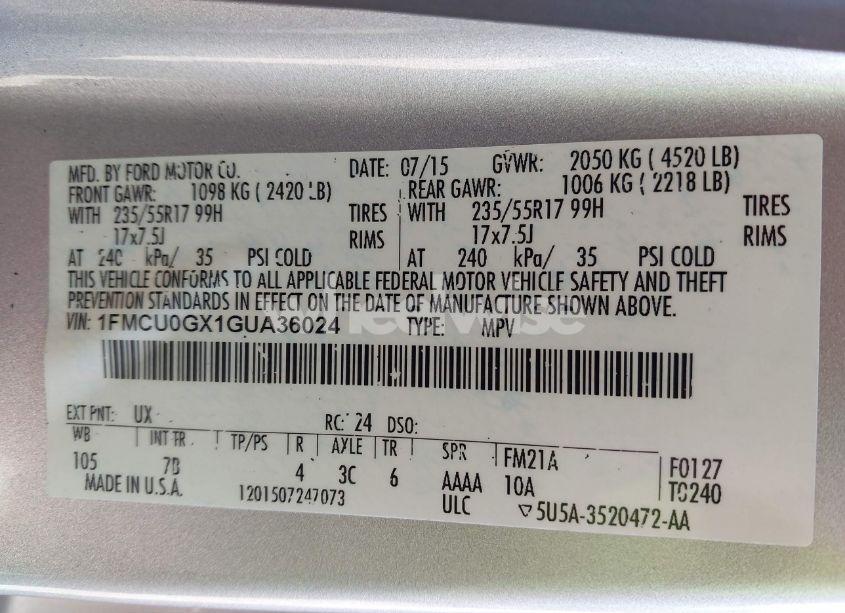 Photo 9 of 2016 Ford Escape SE (VIN 1FMCU0GX1GUA36024)