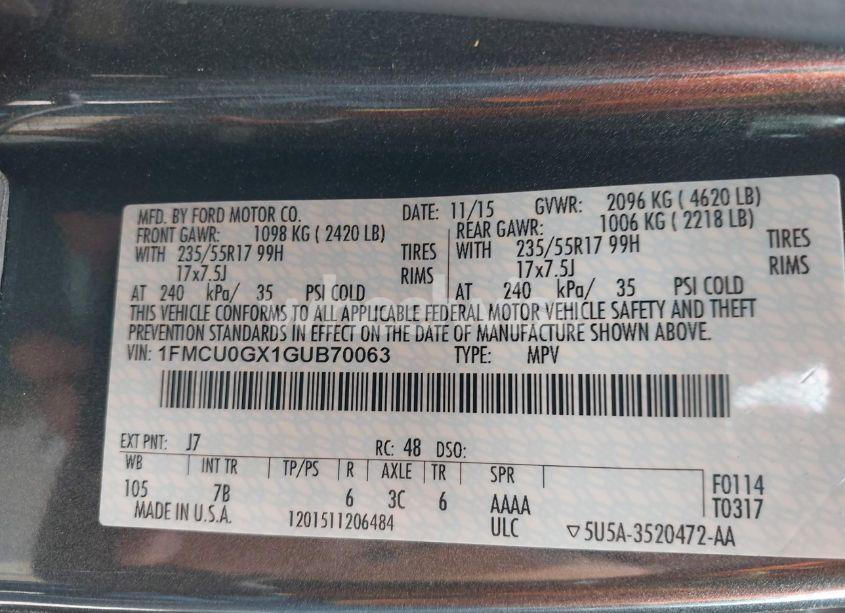 Photo 9 of 2016 Ford Escape SE (VIN 1FMCU0GX1GUB70063)