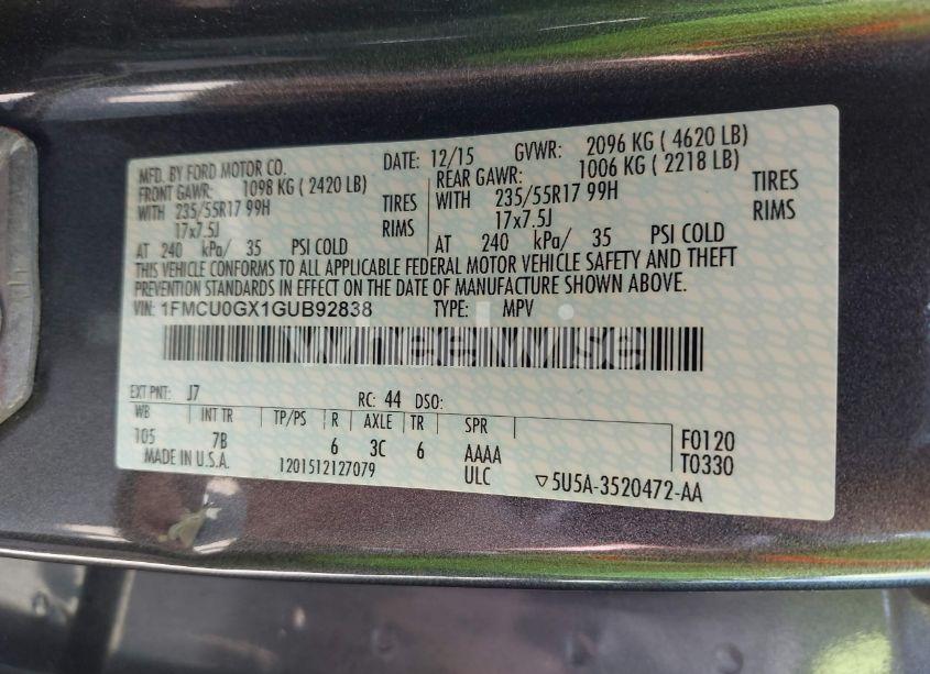 Photo 9 of 2016 Ford Escape SE (VIN 1FMCU0GX1GUB92838)