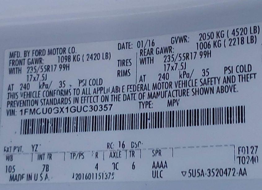 Photo 9 of 2016 Ford Escape SE (VIN 1FMCU0GX1GUC30357)