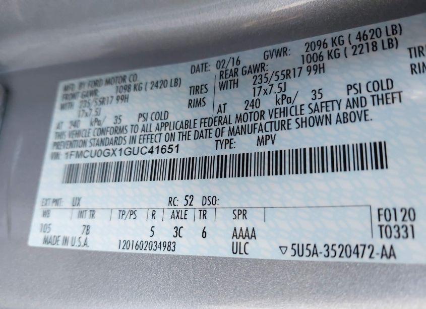 Photo 9 of 2016 Ford Escape SE (VIN 1FMCU0GX1GUC41651)