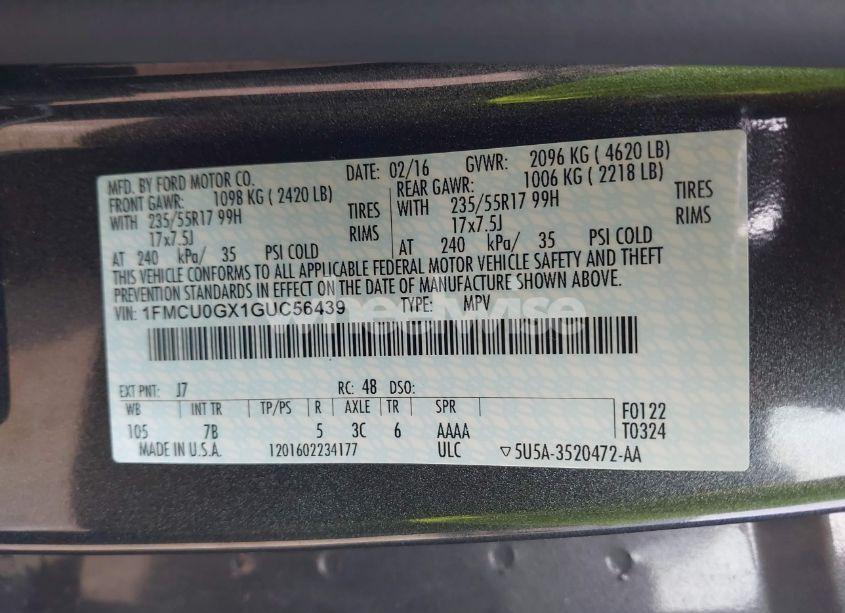 Photo 9 of 2016 Ford Escape SE (VIN 1FMCU0GX1GUC56439)