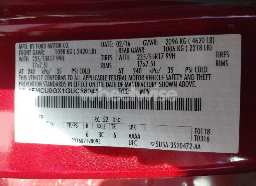 Photo 9 of 2016 Ford Escape SE (VIN 1FMCU0GX1GUC58045)