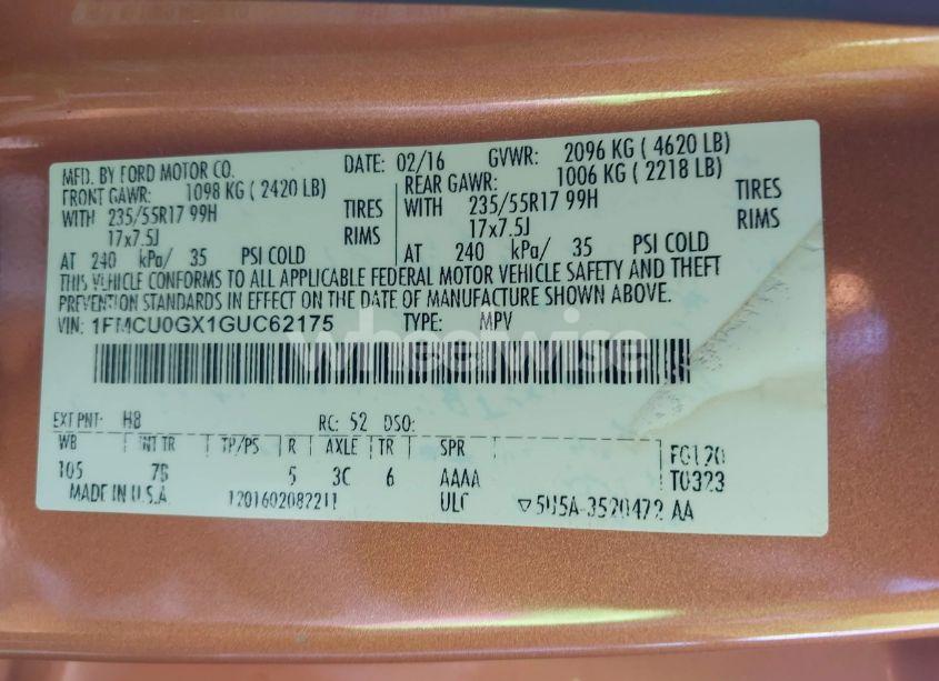 Photo 9 of 2016 Ford Escape SE (VIN 1FMCU0GX1GUC62175)