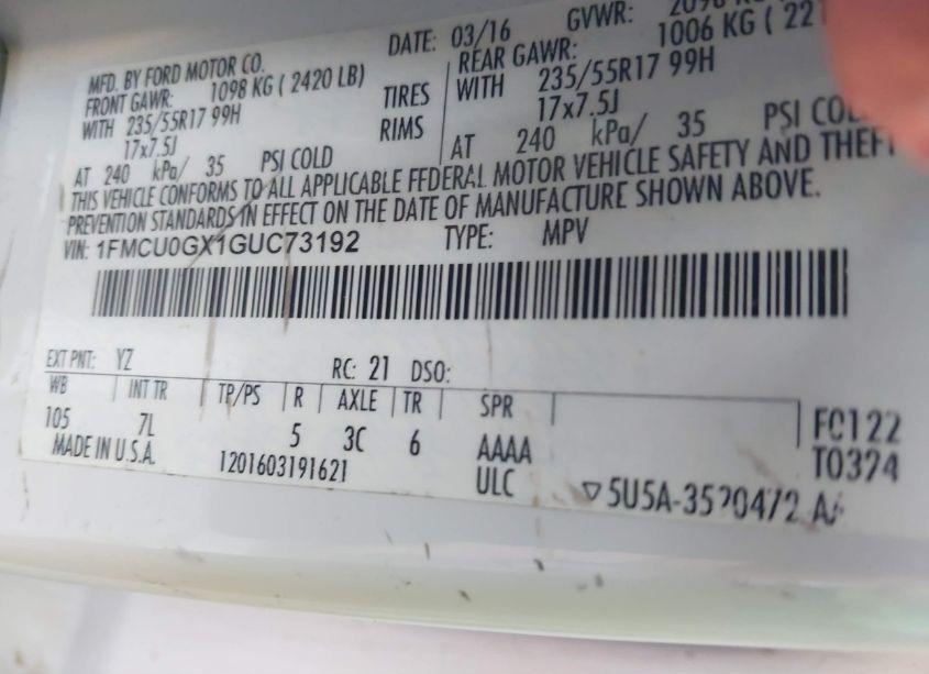 Photo 9 of 2016 Ford Escape SE (VIN 1FMCU0GX1GUC73192)