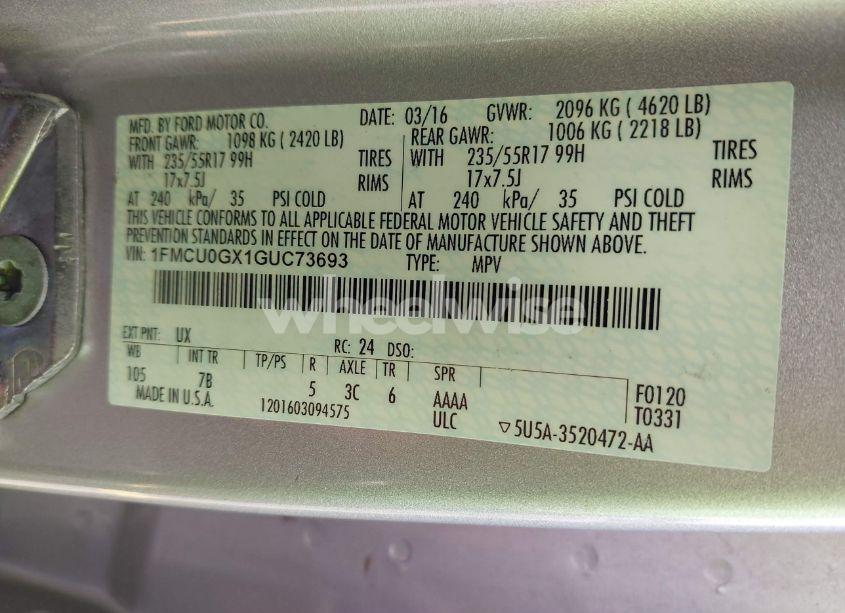 Photo 9 of 2016 Ford Escape SE (VIN 1FMCU0GX1GUC73693)