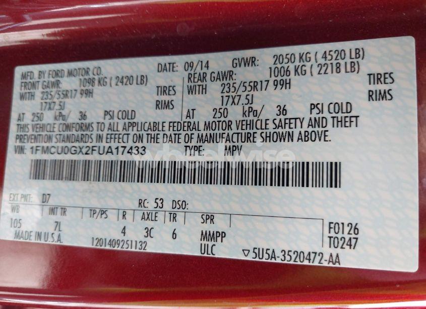 Photo 9 of 2015 Ford Escape SE (VIN 1FMCU0GX2FUA17433)