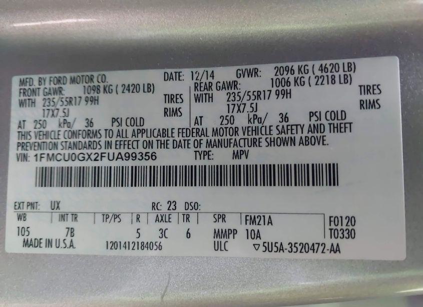 Photo 9 of 2015 Ford Escape SE (VIN 1FMCU0GX2FUA99356)