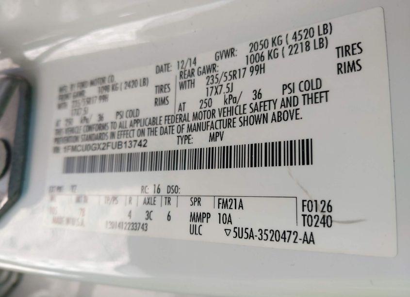 Photo 9 of 2015 Ford Escape SE (VIN 1FMCU0GX2FUB13742)