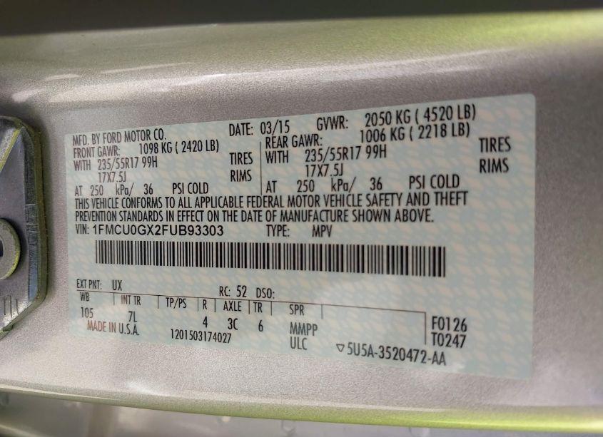 Photo 9 of 2015 Ford Escape SE (VIN 1FMCU0GX2FUB93303)