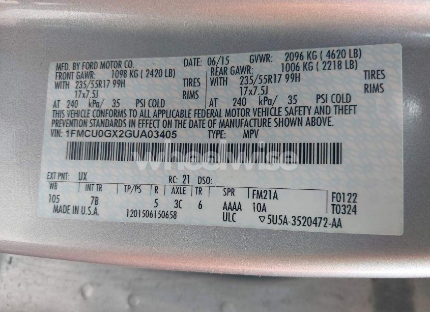 Photo 9 of 2016 Ford Escape SE (VIN 1FMCU0GX2GUA03405)