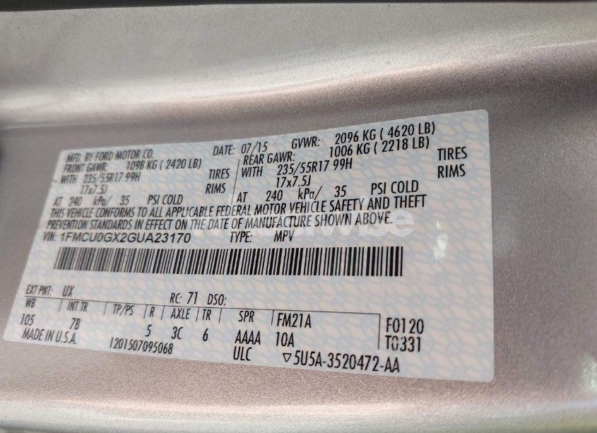 Photo 9 of 2016 Ford Escape SE (VIN 1FMCU0GX2GUA23170)