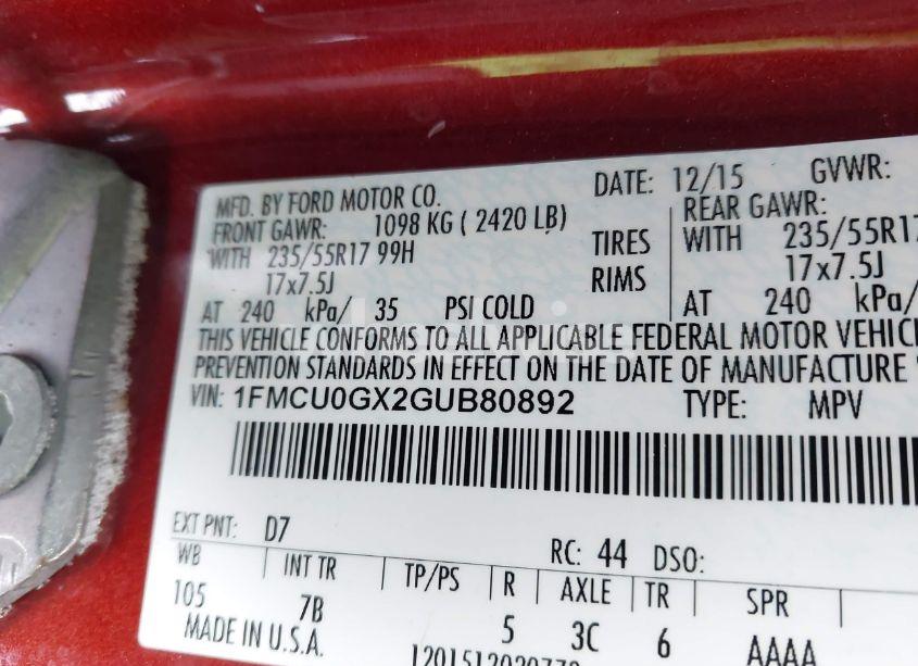 Photo 9 of 2016 Ford Escape SE (VIN 1FMCU0GX2GUB80892)