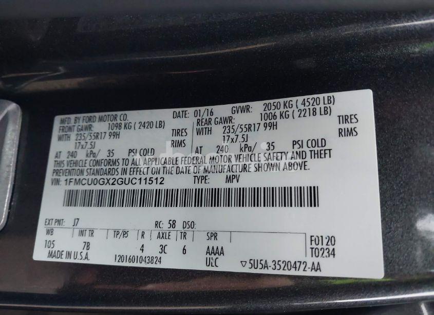 Photo 9 of 2016 Ford Escape SE (VIN 1FMCU0GX2GUC11512)