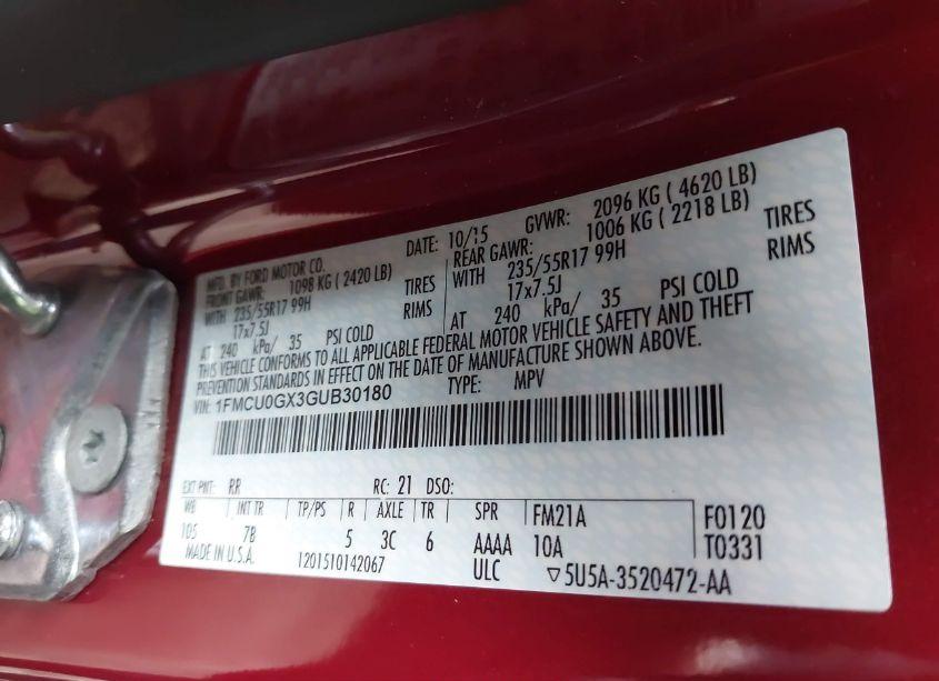 Photo 9 of 2016 Ford Escape SE (VIN 1FMCU0GX3GUB30180)