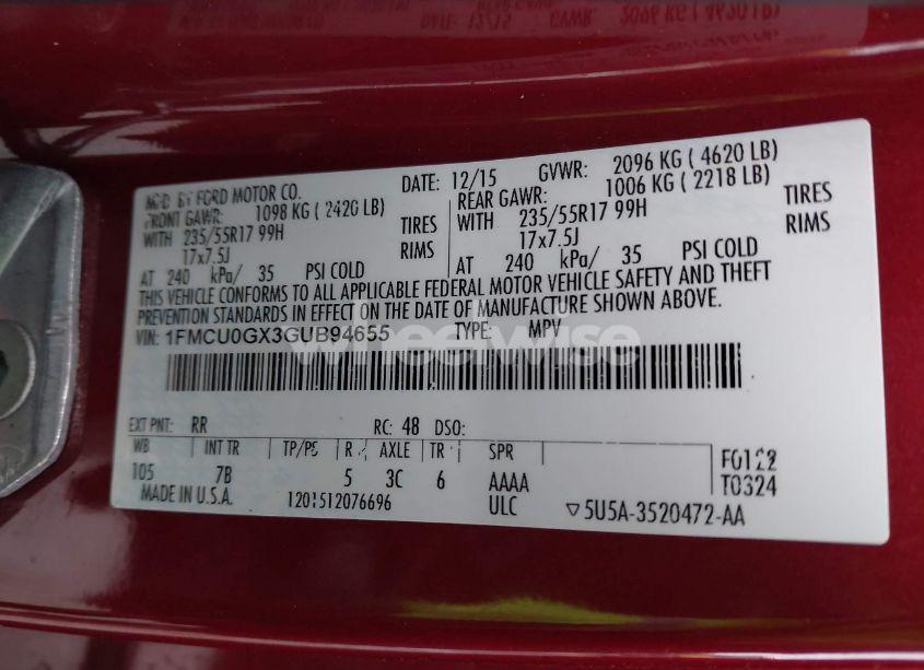 Photo 9 of 2016 Ford Escape SE (VIN 1FMCU0GX3GUB94655)