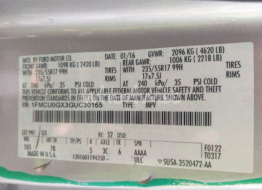 Photo 9 of 2016 Ford Escape SE (VIN 1FMCU0GX3GUC30165)