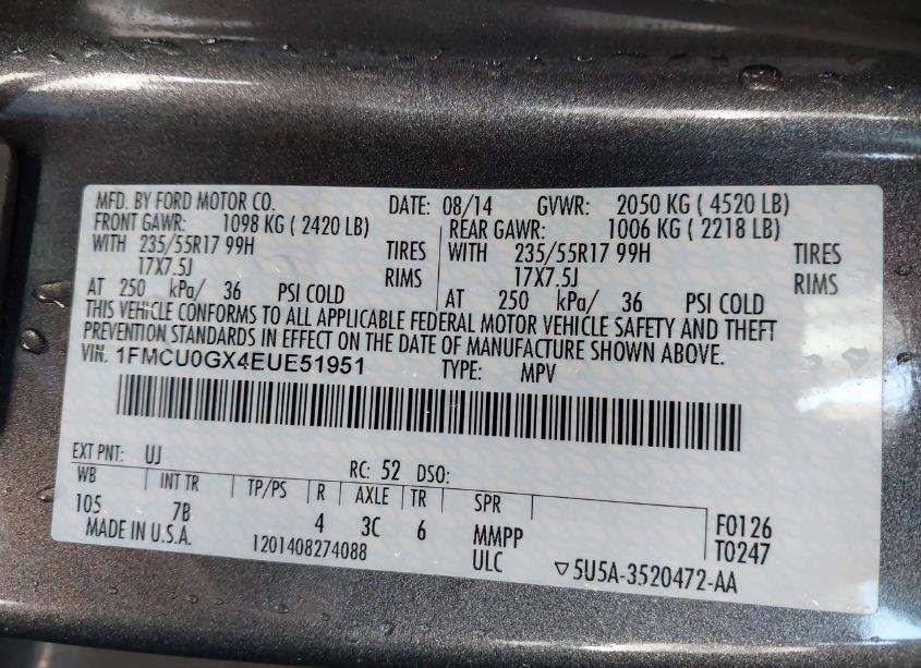 Photo 9 of 2014 Ford Escape SE (VIN 1FMCU0GX4EUE51951)