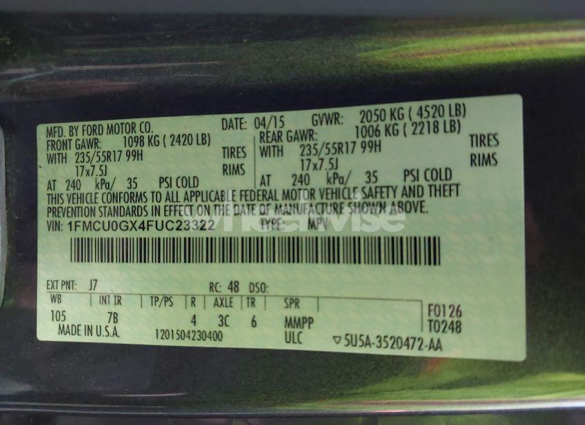 Photo 9 of 2015 Ford Escape SE (VIN 1FMCU0GX4FUC23322)