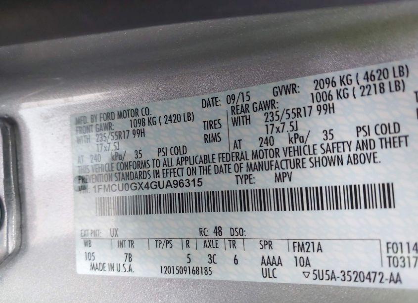 Photo 9 of 2016 Ford Escape SE (VIN 1FMCU0GX4GUA96315)