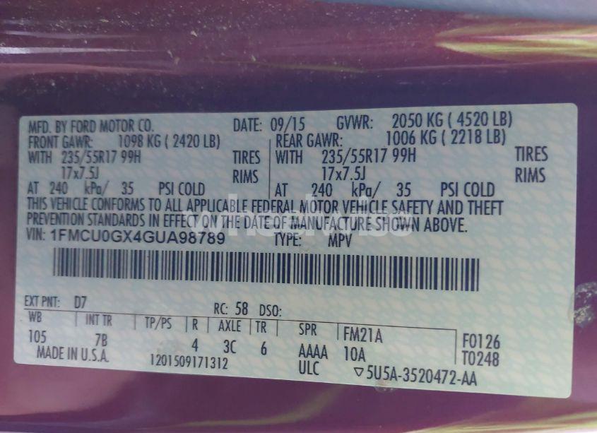 Photo 9 of 2016 Ford Escape SE (VIN 1FMCU0GX4GUA98789)