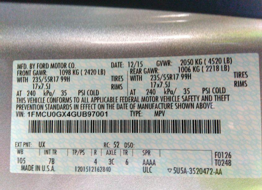 Photo 9 of 2016 Ford Escape SE (VIN 1FMCU0GX4GUB97001)